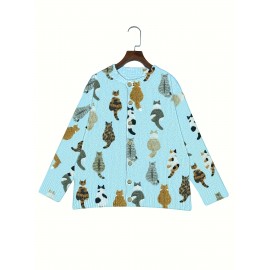 Four-Season Blue Cat Print Long Sleeve Round Neck Cardigan for Women, Casual Fashion