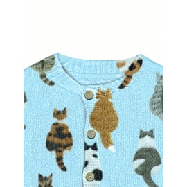 Four-Season Blue Cat Print Long Sleeve Round Neck Cardigan for Women, Casual Fashion