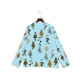Four-Season Blue Cat Print Long Sleeve Round Neck Cardigan for Women, Casual Fashion