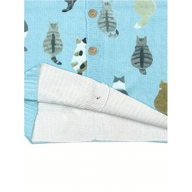 Four-Season Blue Cat Print Long Sleeve Round Neck Cardigan for Women, Casual Fashion