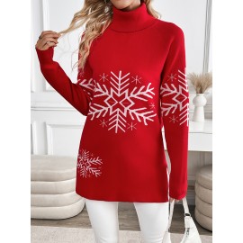 Women's Elegant Snowflake Christmas Sweater - High Neck Long Sleeve Red Winter Top, Festive Holiday Party Outfit, Cozy Winterwear Blouse