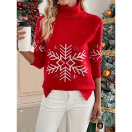 Women's Elegant Snowflake Christmas Sweater - High Neck Long Sleeve Red Winter Top, Festive Holiday Party Outfit, Cozy Winterwear Blouse