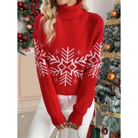 Women's Elegant Snowflake Christmas Sweater - High Neck Long Sleeve Red Winter Top, Festive Holiday Party Outfit, Cozy Winterwear Blouse