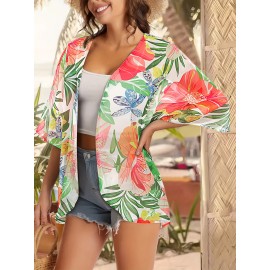 Women'S Floral Print Open Front Cardigan, Polyester Half Sleeve Casual Top with Collarless Design and Non-Stretch Fabric for Spring/Summer/Fall Festive Occasions