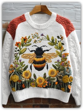 Women's Sweater - Bee & Floral Print Pattern Sweater, Beige//Orange/Purple/Teal/Black/White/Gray/, Fall Shoulder Sleeves for Everyday & Formal Outfits