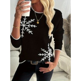 Women'S Snowflake Print Sweater - Winter Season, Holiday Style, Long Sleeves, Contrast Trim, Trendy Holiday Fashion, Ideal For Christmas Parties, Winter Outings, And Festive Events