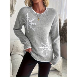 Women'S Snowflake Print Sweater - Winter Season, Holiday Style, Long Sleeves, Contrast Trim, Trendy Holiday Fashion, Ideal For Christmas Parties, Winter Outings, And Festive Events