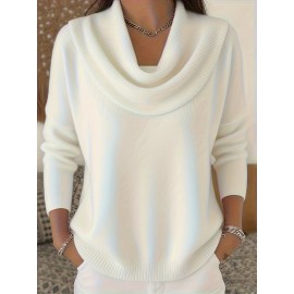 Christmas Green Elegant Long Sleeve Cowl Neck Sweater - Solid Color Minimalist Top, Women'S Winter Warm Pullover