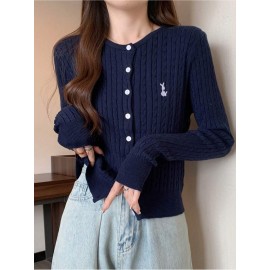 Women'S Elegant Navy Cardigan - Soft Sweater with Button Front, Long Sleeve Winter Coat for Fall/Winter, Office, Party