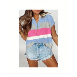 Women's Pastel Pink & Purple Striped Sweater - Oversized V-Neck Long Sleeve Blouse, Loose Fit Casual Summer Top with Round Neckline for Beach Outfits, Brunch Dates & Casual Attire, Machine Washable Layering Piece (Pink/Purple/White/Peach), Soft Fabric for Comfort, Relaxed Fit for Jeans Shorts & Dresses, Suitable for Beach Travel and Casual Outings