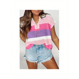 Women's Pastel Pink & Purple Striped Sweater - Oversized V-Neck Long Sleeve Blouse, Loose Fit Casual Summer Top with Round Neckline for Beach Outfits, Brunch Dates & Casual Attire, Machine Washable Layering Piece (Pink/Purple/White/Peach), Soft Fabric for Comfort, Relaxed Fit for Jeans Shorts & Dresses, Suitable for Beach Travel and Casual Outings