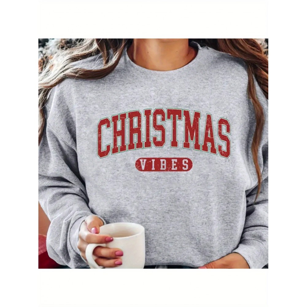 1pc Women'S Casual Crew Neck Sweatshirt, Christmas Vibes Sweatshirt Alphabet Pattern Long Sleeve Pullover For Autumn/ Winter, Grey Sweatshirt
