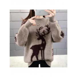 Women'S Elegant Deer Jacquard Sweater - Soft Round Neck Loose Fit Winter Sweater with Deer & Foliage Pattern, Cozy Fall Winter Sweater for Casual & Semi-Formal Outfits, Korean Fashion Style (GreenBrown) - Versatile Layering Piece