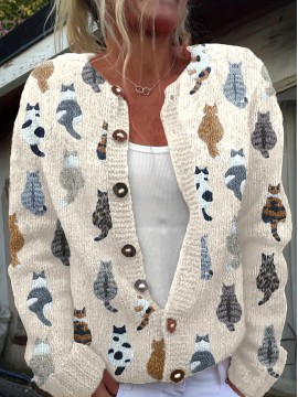 Women's Casual Cat Print Cardigan - Long Sleeve Round Neck Open Front Sweater with Button Closure, Machine Washable Spring/Fall Layering Piece for Casual Attire, Cat Sweater, Durable Knitwear