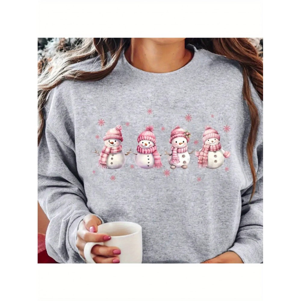 1pc Women's Casual Crew Neck Sweatshirt, Cozy Women's Snowman & Snowflake Print Long Sleeve Pullover for Autumn/ Winter, Grey Sweatshirt