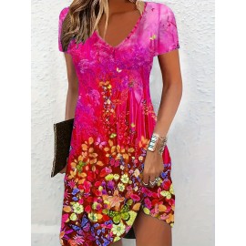 [Overseas Printing]Plus Size Women'S Vibrant Print Dress- Casual Short Sleeve, Stretch Polyester Blend, Washable- Spring/Summer Essential