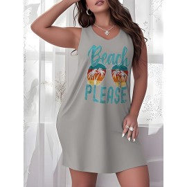 Women's Plus Size Beach Dress - A-Line Short Sleeveless Knee-Length Dress with Turquoise 