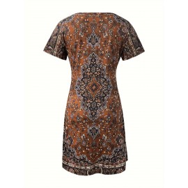 Women'S Ethnic Print Summer Dress - V-Neck, Short Sleeve, Bodycon Fit, Long Length, Flared Hem, Casual Style for Outdoor Activities, Casual Summer Dress | Vneck Dress | Stretchy Fabric