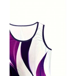 Summer New Arrival Women'S Resort-Style Color-Block Stripe Print Tank Dress- Purple/ White/ Black Round Neck Sleeveless, Lightweight Breathable Machine-Washable for Beach Vacations, Casual Outings& Weekend Getaways, Summer Tank Tops