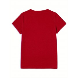 Women's Red Christmas T-Shirt with Santa & Reindeer Print, Merry Christmas Lettering & Gingerbread Men - Casual Round Neck Short Sleeve Holiday Party Outfit, All-Season Wear (Machine Washable) - Festive Gift Apparel