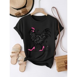 Women'S Red Cartoon Rooster & Stars Print T-Shirt - Loose Fit Crew Neck Short Sleeve, Breathable Summer Top with & Pink Rooster Design, Casual & Party Wear, Machine Washable Soft Everyday Shirt for Women