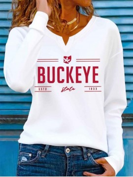 Women'S 100% Long Sleeve T-Shirt with Red & Letter Graphic Print - Casual Round Neck All-Season Top, Breathable Casual Attire, Regular Fit for Layering & Statement Outfits, Versatile Casual to Semi-Formal Wear, Elegant Art Design, Geometric Pattern