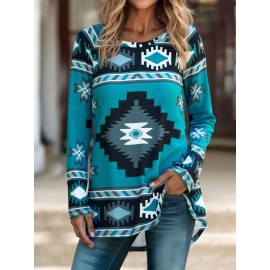 Women'S Southwest-Style Geometric Print Long-Sleeve Top - Elastic V-Neck Casual Shirt, Machine Washable Translucent Fabric with Turquoise/Orange/Black/Beige/White/Gray Patterns, Resort Wear & Everyday Elegant Blouse for Fall Winter Layering, Southwestern Bohemian Style Clothing, Regular Fit with Intricate Geometric Design, Stretchy Material for Comfort, Spring/Summer Wear, Pullover Style with Long Sleeves, Women Top And Blouse, V Neck T Shirt For Women, Fall Shirt For Women, White Top