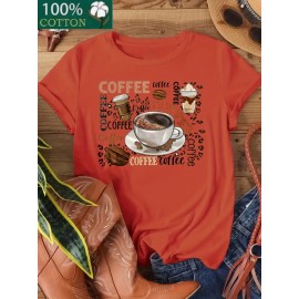 Women's 100% Coffee Lover's T-Shirt - Funny Coffee Cup & Beans Print with Cappuccino, Latte, Mocha, Espresso & Turkish Coffee Design - Casual Loose Fit Short Sleeve Round Neck Green & White Coffee-Themed Apparel for Casual Attire & Coffee Lovers Gift