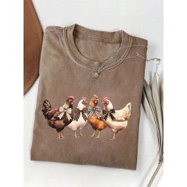 Women's Turquoise Blue Short Sleeve T-Shirt - Soft Pure Round Neck Top with Chicken Print (Hens & Bow Tie Design) - Casual & Party Wear for Spring Summer Fall - Comfortable Colors Everyday Blouse