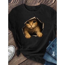 [Cute Orange Kitten T-Shirt] Lightweight Comfortable Fit Women's Cute Orange Kitten Peeking from Torn Hole Graphic T-Shirt - Red Casual Everyday Tee for Pet Lovers - Medium Elasticity Fabric Spring Summer Apparel