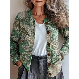 Plus Size - Elegant 2D Printed Geometric Pattern Cardigan - Cozy Fall/Winter Sweater with Button Details, Stretchy Fabric, Long Sleeve, Round Neck, Autumn Winter Apparel | Stylish Cardigan | Constructi