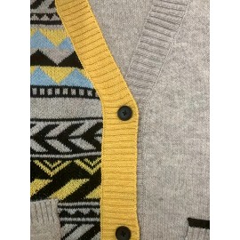 Plus Size, Women's Casual Geometric Color Block V-Neck Cardigan - Loose Fit Spring/Fall Sweater with Yellow & Brown Patterns, Machine Washable, Cute Sweaters, Fall Fashion, Stylish Knitwear, Cozy Fabric, Versatile Top, Spring Collection