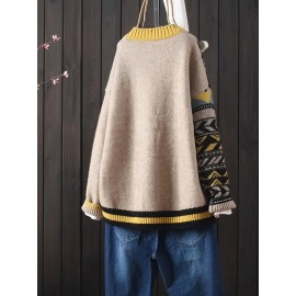 Plus Size, Women's Casual Geometric Color Block V-Neck Cardigan - Loose Fit Spring/Fall Sweater with Yellow & Brown Patterns, Machine Washable, Cute Sweaters, Fall Fashion, Stylish Knitwear, Cozy Fabric, Versatile Top, Spring Collection