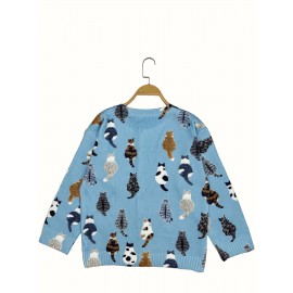 Plus Size, Women's Plus Size Print Cardigan Jacket - Oversized Collar Long Sleeve Coat with Face & Paw Button Patterns, Spring/Fall Casual Outerwear (Turquoise) - Hand Washable Sweater for Large Women, -Themed Events & Everyday