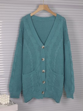 [Plus Size Cable Cardigan] Plus Size Women's Cable Cardigan - V-Neck, Loose Fit, Long Sleeve, Solid Teal, Medium Stretch, Fall/Winter, Casual & Outdoor Wear | Cardigan Sweater