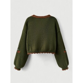 [Plus Size Cardigan] Cozy Green Plus Size Women's V-Neck Cardigan | Long Sleeves, Front Buttons, Pockets, Floral & Animal Embroidery, Brown Trim | Winter Knit Outerwear, Stylish Button Closure, Detailed Embroidery