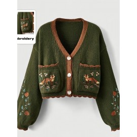 [Plus Size Cardigan] Cozy Green Plus Size Women's V-Neck Cardigan | Long Sleeves, Front Buttons, Pockets, Floral & Animal Embroidery, Brown Trim | Winter Knit Outerwear, Stylish Button Closure, Detailed Embroidery