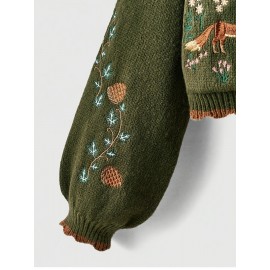 [Plus Size Cardigan] Cozy Green Plus Size Women's V-Neck Cardigan | Long Sleeves, Front Buttons, Pockets, Floral & Animal Embroidery, Brown Trim | Winter Knit Outerwear, Stylish Button Closure, Detailed Embroidery