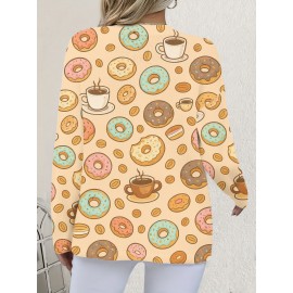 Plus Size, Plus Size Women's Kawaii Donut & Coffee Print Cardigan - Oversized Beige Jacket with Cute Dessert Buttons, Cozy Winter Sweater for Casual Outfits, Themed Parties & Dessert (Pink/Green/Blue/Yellow)