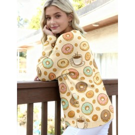 Plus Size, Plus Size Women's Kawaii Donut & Coffee Print Cardigan - Oversized Beige Jacket with Cute Dessert Buttons, Cozy Winter Sweater for Casual Outfits, Themed Parties & Dessert (Pink/Green/Blue/Yellow)