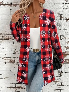 Plus Size, Plus Size Women's Red & Black Plaid Christmas Snowflake Cardigan Sweater - Soft Machine-Washable Winter Coat, Cozy -Free Jacket for Holiday & Casual Attire, Casual Winter Outfits (No Collar, Durable Plus Size Clothing)