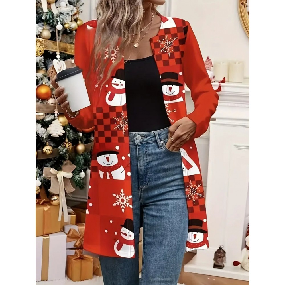 Plus Size - Women'S Christmas plus size Cardigan- Red& Black Checkered Snowman Pattern Longline Loose Fit Lightweight Warm Winter Coat, Machine Washable Elegant Holiday Party Outerwear, Festive Clothing, Comfortable Fabric
