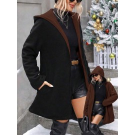 Plus Size, Plus Size Winter Reversible Hooded Jacket with Pockets - Elegant -Like Collar & Lap Jacket, Burgundy/Black Color-Block Coat, Machine Washable Long Outerwear for Plus-Size Ladies (No Closure, Fall/Winter)