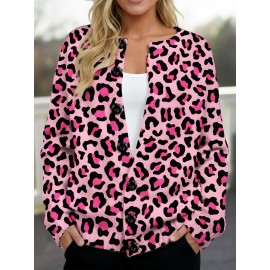 Plus Size - Women'S Plus Size Christmas Leopard Print Cardigan Sweater - Soft Button-Front Closure Coat with Round Neck & Long Sleeves, Pink & All-Over Pattern, Cozy Winter Outerwear for Holiday Parties, Casual Outfits - Ideal Christmas Gift for Wom