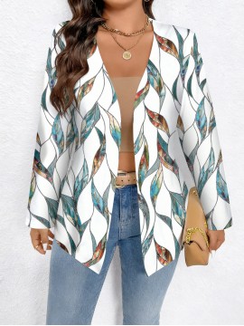 Plus Size, Plus Size Women's Elegant Full-Body Print Oversized Cardigan Coat - Winter Warm Long Sleeve Jacket with Collar, Machine Washable All-Over Pattern (No) for Casual, Office, Party - Plus Size Clothing (Curvy & Tall Friendly)