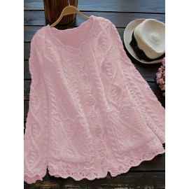 Plus Size, Plus Size Women's Casual Open Front Sweater, Long Sleeve with Pocket and Buttoned Scallop Hem