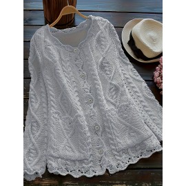 Plus Size, Plus Size Women's Casual Open Front Sweater, Long Sleeve with Pocket and Buttoned Scallop Hem