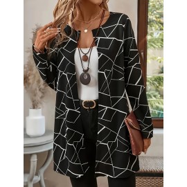 Plus Size - Plus Size Women'S Elegant Geometric Print Cardigan - Long Sleeve Open Front Jacket, Black & White Patterned Design, Casual Yet Stylish for Spring/Fall, Perfect for Commuting Or Casual Attire, Versatile Layering Piece | Elegant Open Front