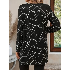 Plus Size - Plus Size Women'S Elegant Geometric Print Cardigan - Long Sleeve Open Front Jacket, Black & White Patterned Design, Casual Yet Stylish for Spring/Fall, Perfect for Commuting Or Casual Attire, Versatile Layering Piece | Elegant Open Front
