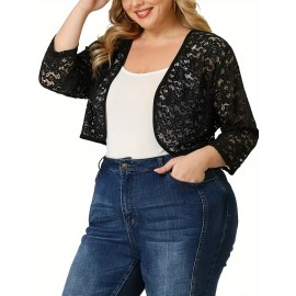 Plus Size Kimono Women Cardigan - Sheer Floral Pattern, 3/4 Sleeve, Open Front Shawl, Casual Spring/Summer Wear, Black, Elegant Event Wear, Short Length, Slight Stretch Fabric, No Lining